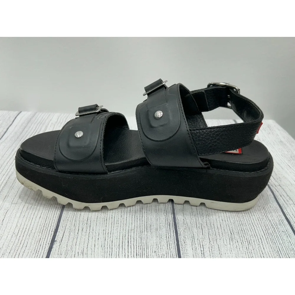 Hunter Sandals Womens Size 8? Black Leather Double Buckle Strap Platform Chunky